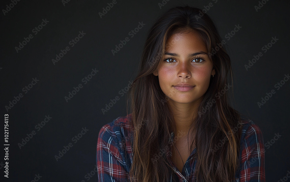 A woman with long brown hair and a red and white plaid shirt. She is smiling and looking at the camera A woman with long brown hair and a red and white plaid shirt. She is smiling and looking at the camera