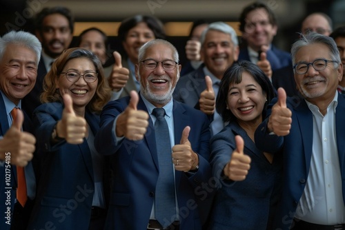 diverse group of business executives laughing and giving thumbs up in celebration.