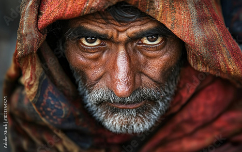 A man with a beard and gray hair is wearing a red blanket. He has a serious expression on his face