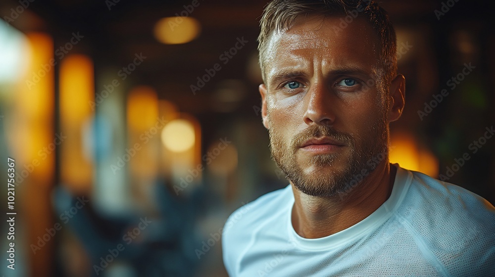 Close-up portrait of a determined young man wearing a white T-shirt in a gym. Close-up portrait of a determined young man wearing a white T-shirt in a gym.