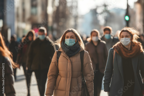 People walking through a bustling city center, each wearing a surgical mask to protect themselves from pollution and airborne particles