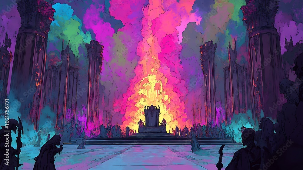 Obraz premium Fantasy Cityscape with Colorful Smoke and Silhouette Figures