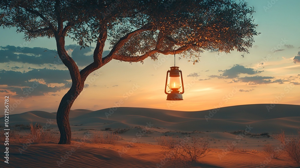 A lantern dangling from a tree in the midst of a desert at dusk, with a tree in the foreground A lantern dangling from a tree in the midst of a desert at dusk, with a tree in the foreground