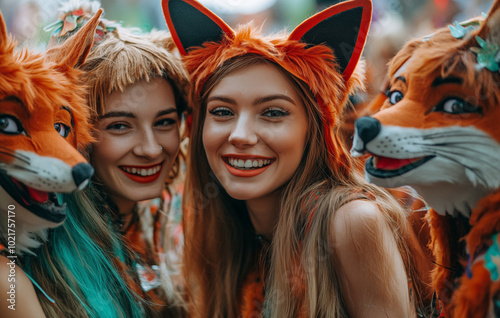 People in fox costumes at the festival. Bright orange outfits. Photo of girl and boy quadrobber, therian, furries subculture. photo