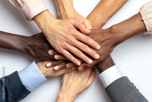 diverse business team stacking hands together in a symbol of support and collaboration.