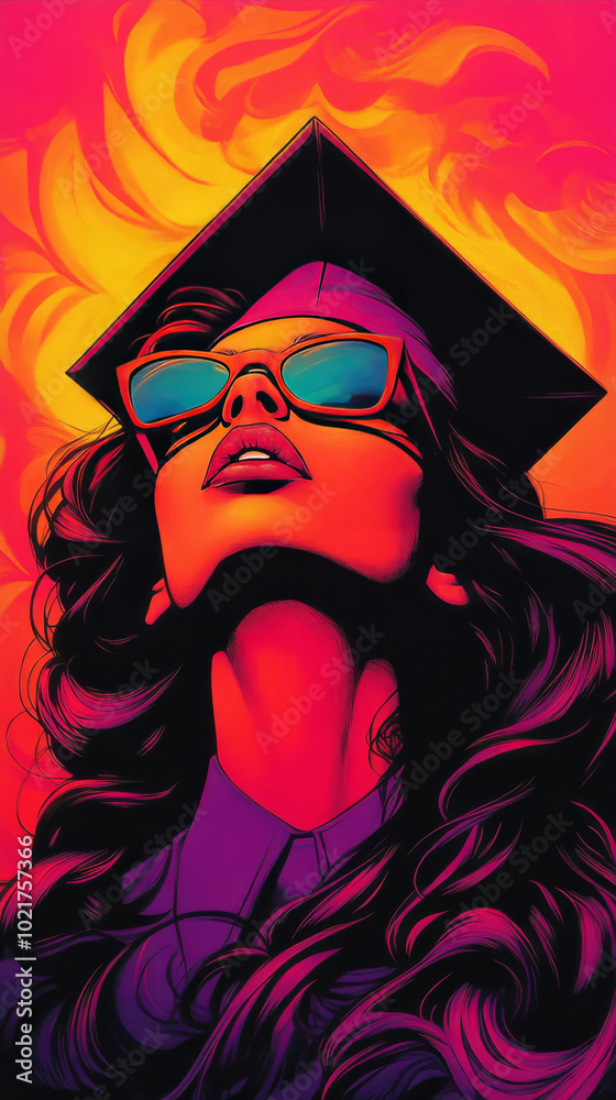 A woman in a graduation cap and sunglasses looks up at the sky, hopeful for the future. A woman in a graduation cap and sunglasses looks up at the sky, hopeful for the future.