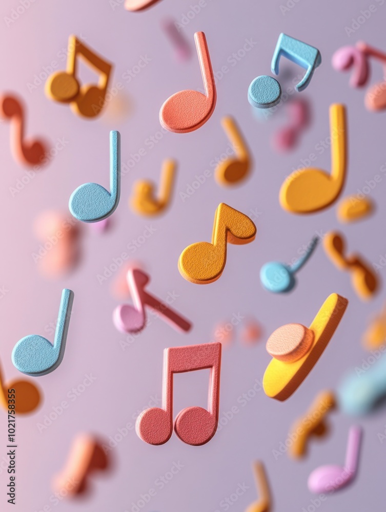 Many musical notes flying around on a purple surface Many musical notes flying around on a purple surface