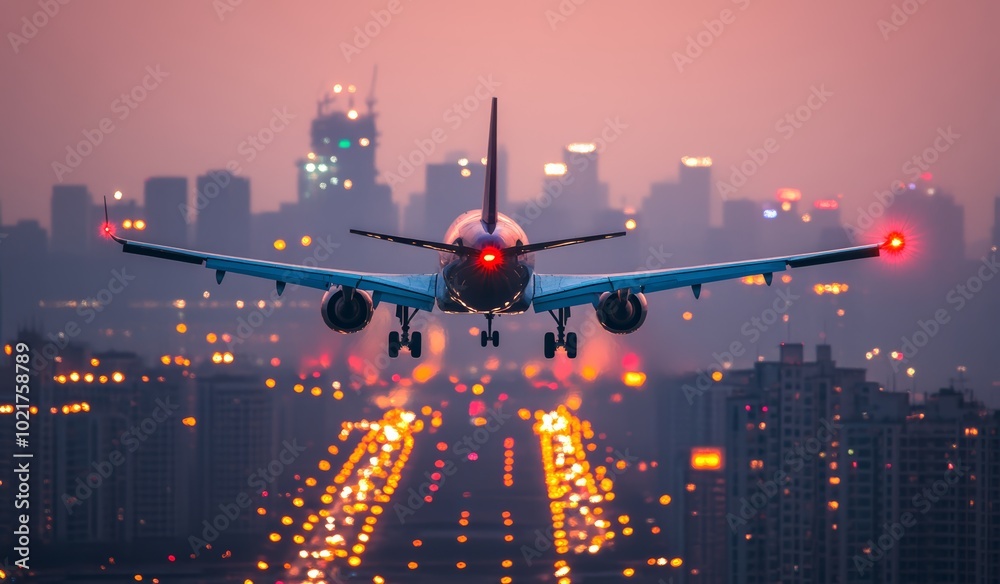 Fototapeta premium A commercial airplane descends at sunset over a vibrant city skyline.