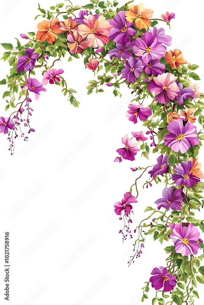 Floral border of purple and orange flowers and green leaves on a white background Floral border of purple and orange flowers and green leaves on a white background