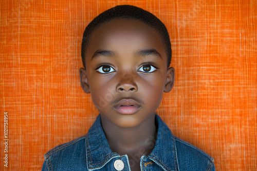 A young boy with brown hair and brown eyes is wearing a blue jacket. He is looking directly at the camera