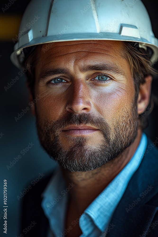 A man wearing a hard hat and a suit. He has a beard and a mustache. He is wearing a white helmet A man wearing a hard hat and a suit. He has a beard and a mustache. He is wearing a white helmet