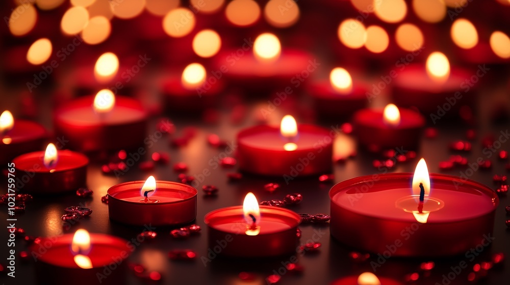 Warm and inviting atmosphere with glowing red candles surrounded by sparkling red heart decorations for romantic occasions. Warm and inviting atmosphere with glowing red candles surrounded by sparkling red heart decorations for romantic occasions.