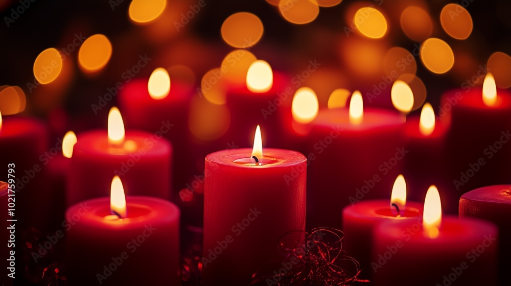 A charming arrangement of red candles with warm, glowing flames surrounded by festive bokeh lights for a cozy ambiance. A charming arrangement of red candles with warm, glowing flames surrounded by festive bokeh lights for a cozy ambiance.