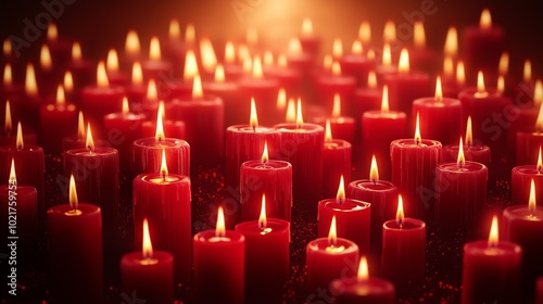 A multitude of lit red candles casting warm, flickering light in a dark setting, evoking warmth and tranquility.