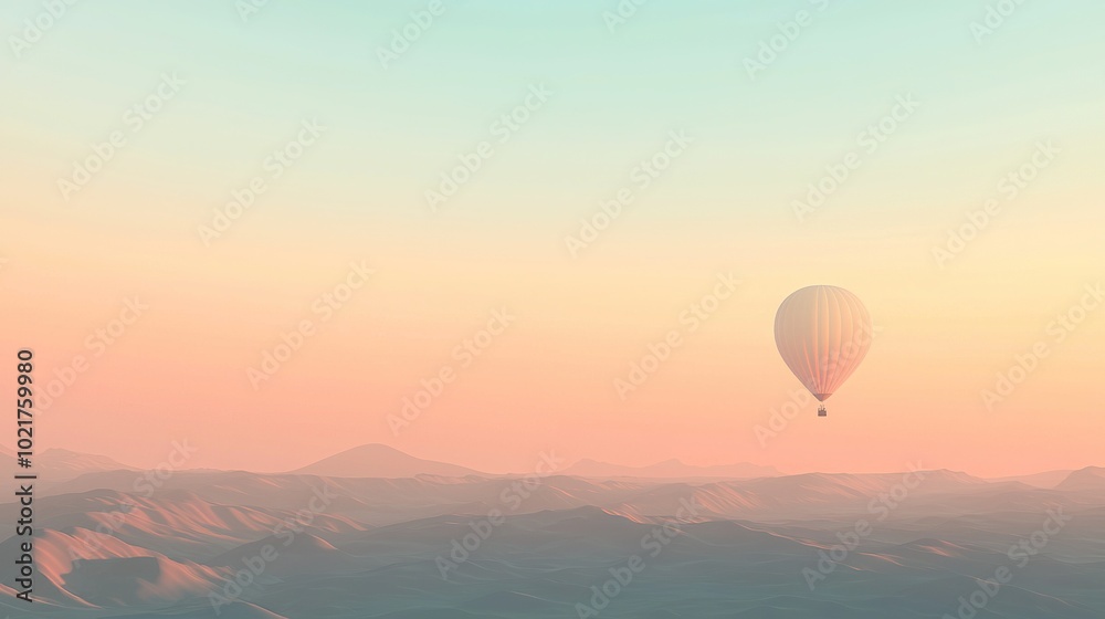 A hot air balloon soars over a mountain range at dawn, framed by a stunning pink and blue sky A hot air balloon soars over a mountain range at dawn, framed by a stunning pink and blue sky