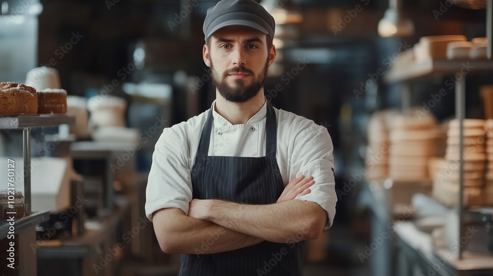 A skilled baker in uniform confidently stands with arms crossed in a well-equipped artisan bakery kitchen. A skilled baker in uniform confidently stands with arms crossed in a well-equipped artisan bakery kitchen.
