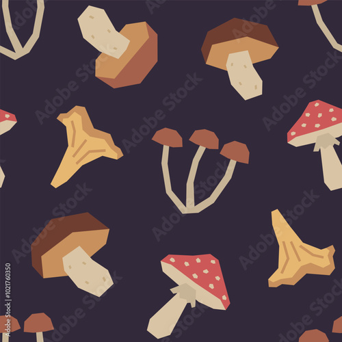 Seamless pattern of autumn mushrooms in cutout style on black background. Simple geometric botanical elements. Fall vector design for textile, wallpaper, wrapping paper, poster, banner