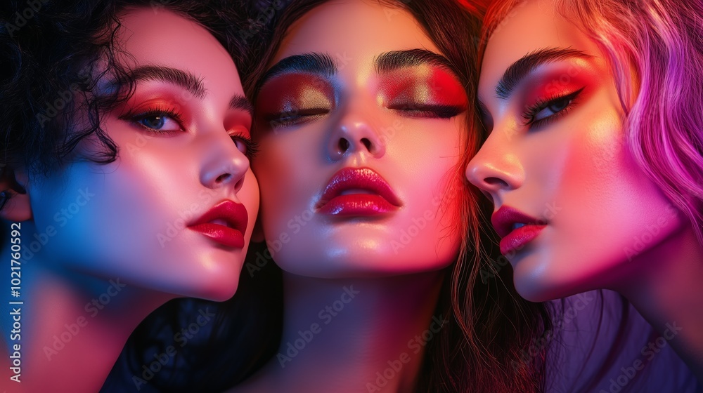 Three women with bold makeup and lighting create a striking, colorful portrait showcasing artistic beauty and vivid expressions. Three women with bold makeup and lighting create a striking, colorful portrait showcasing artistic beauty and vivid expressions.