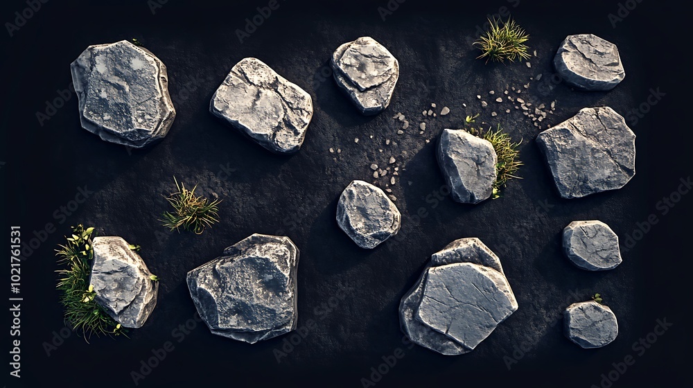 Game Assets, Top View Grey Rocks with Grass Game Assets, Top View Grey Rocks with Grass