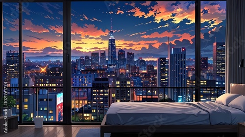 beautiful city view from the window, anime styel