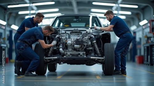 Technicians Install Electric Motor Underneath Elegant Electric Car with Precision Engineering