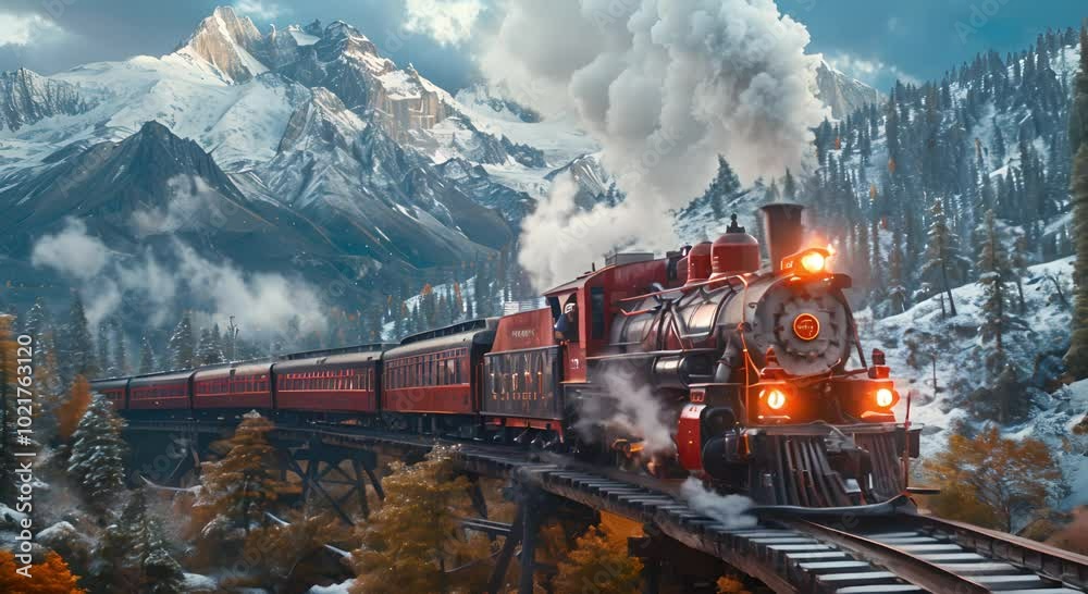 A Red Steam Locomotive Train Chugs Through a Snowy Mountain Pass