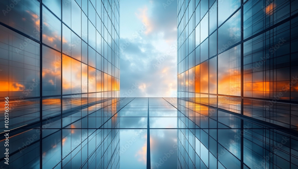 Skyscraper reflecting sunset background. 3d abstract architecture design of modern contemporary luxury building converging glass and steel. Perspective view landscape. Hi-tech sustainable architect. Skyscraper reflecting sunset background. 3d abstract architecture design of modern contemporary luxury building converging glass and steel. Perspective view landscape. Hi-tech sustainable architect.