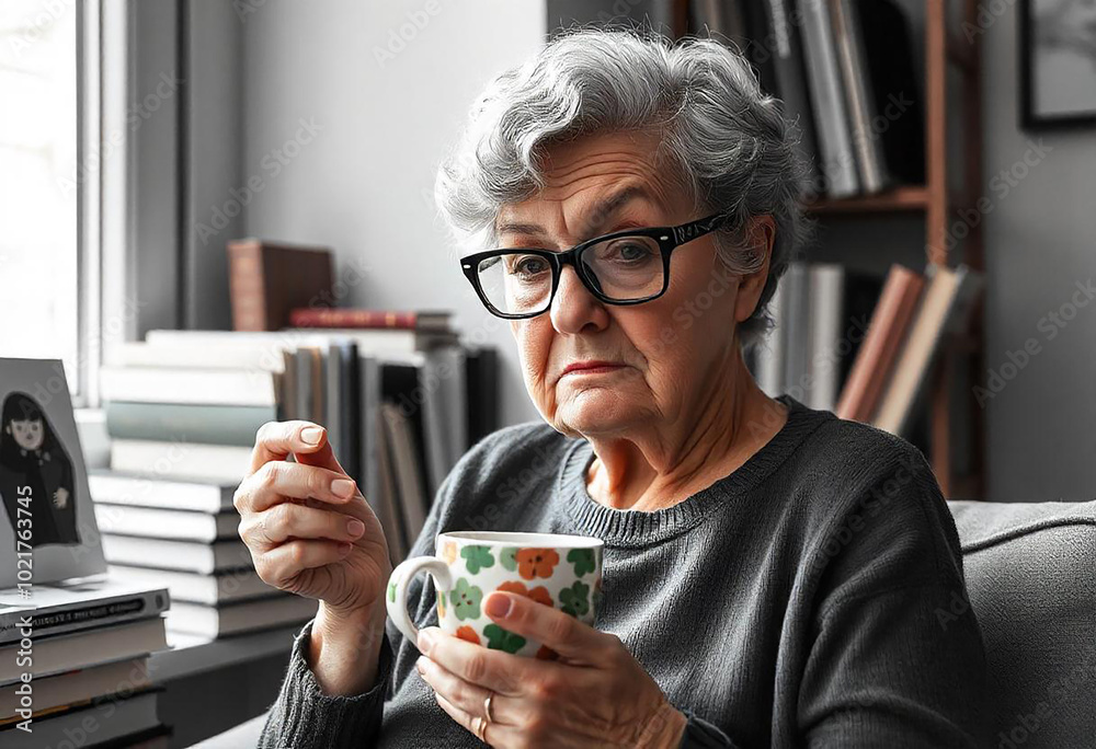 grumpy old woman holding coffee cup