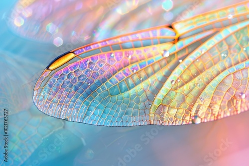 A colorful wing of a butterfly with a rainbow pattern, generative ai image