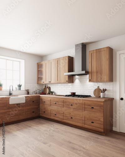Modern country kitchen with beautiful wood cabinets combined with abundant natural light
