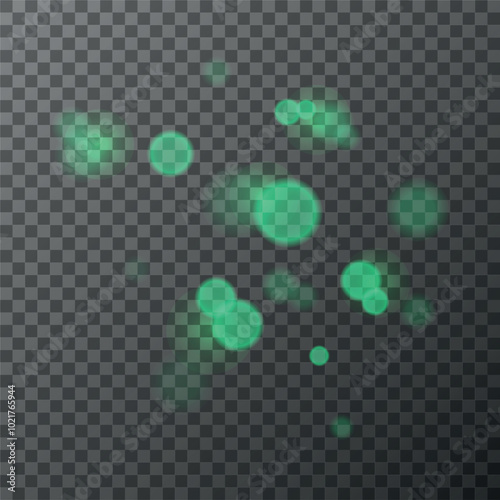 Beautiful green light effect on transparent background, glare, beautiful diffused light, bokeh effect