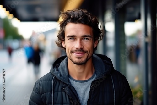 Portrait of a handsome young man smiling at the camera while walking in the city