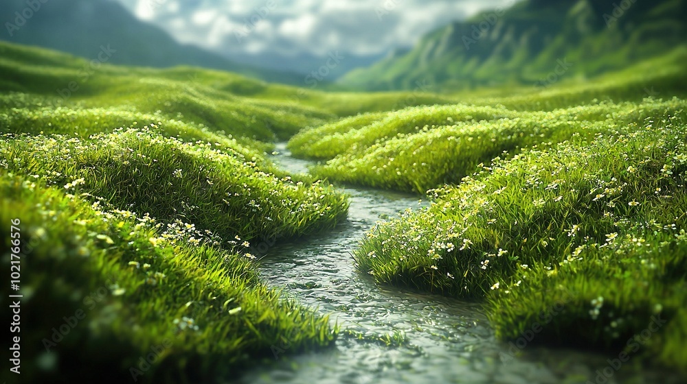 A painting depicts a stream flowing through a verdant field with blooming flowers on either bank, while a towering mountain stands majestically in the backdrop A painting depicts a stream flowing through a verdant field with blooming flowers on either bank, while a towering mountain stands majestically in the backdrop
