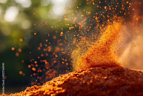 Deep red paprika dust dancing in the sunlight, its smoky, slightly sweet flavor bursting forth with every sprinkle