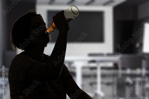 Concept of alcoholism drunk, young man hold bottle photo