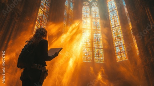 A woman stands in the nave of a cathedral, silhouetted against the light streaming through stained glass windows.