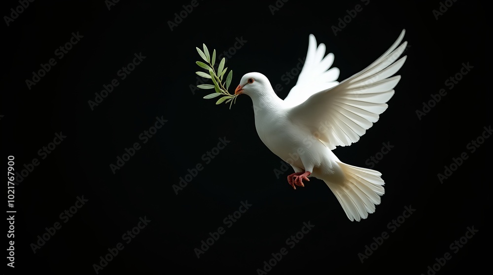 A white dove in mid-flight carrying a green olive branch, symbolizing peace against a dark background A white dove in mid-flight carrying a green olive branch, symbolizing peace against a dark background