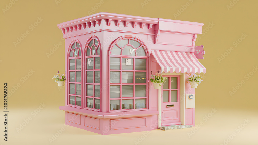 3D-rendered pink storefront set against a pastel color background, showcasing a quaint, cottage-like design. The small building features large arched windows, a striped awning, and a pink door, 3D-rendered pink storefront set against a pastel color background, showcasing a quaint, cottage-like design. The small building features large arched windows, a striped awning, and a pink door,