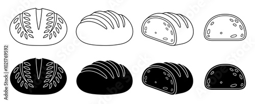 Cartoon Sourdough Bread Loaf Clipart, with Whole, Half and Slice - Outline and Silhouette Isolated on a Transparent Background