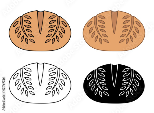 Cartoon Decorated and Scored Sourdough Bread Loaf Clipart - Outline, Silhouette & Color Isolated on a Transparent Background