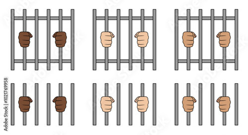 Cartoon Man or Person in Jail / Behind Prison Bars with Hands Grabbing Bars Clipart Set 