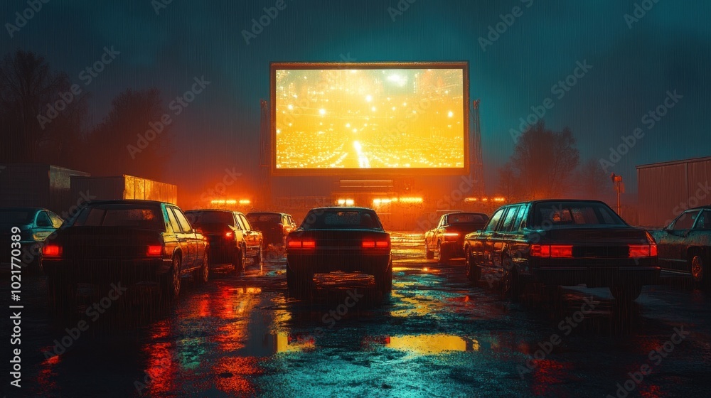 Naklejka premium Cars parked in front of a drive-in movie theater screen showing a glowing abstract image.