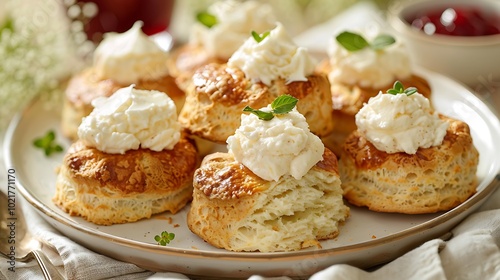 A plate of fluffy scones, served with clotted cream and jam.