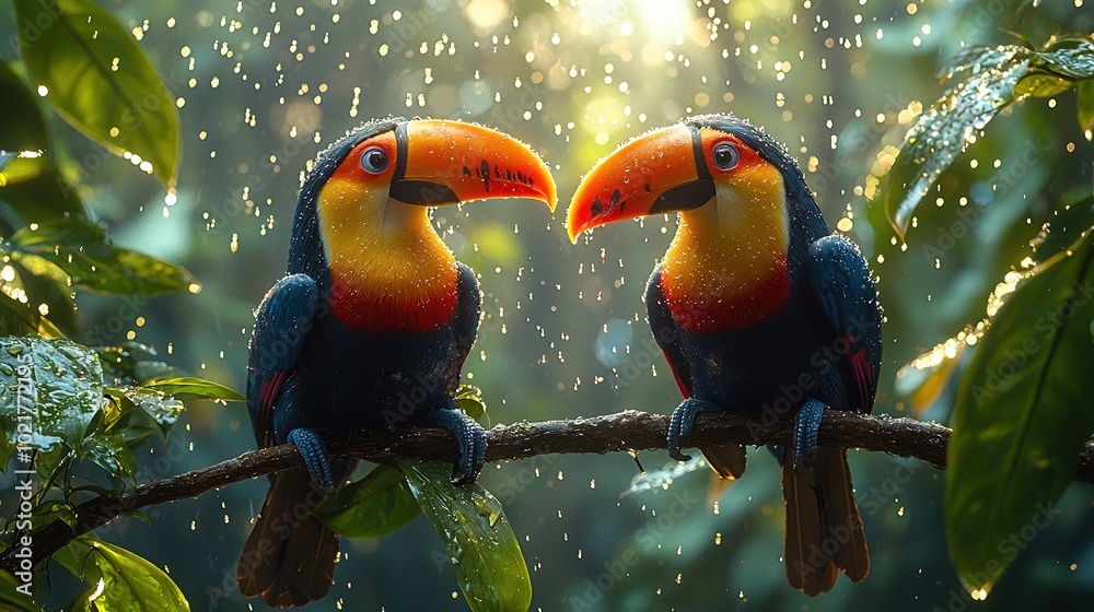 Φωτογραφία A pair of vibrant birds perched atop a forest branch amidst rain-soaked foliag