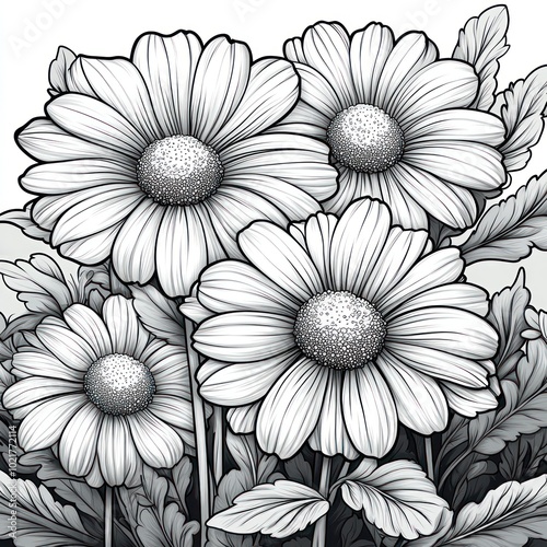 Three detailed, black and white daisies with leaves in the background.