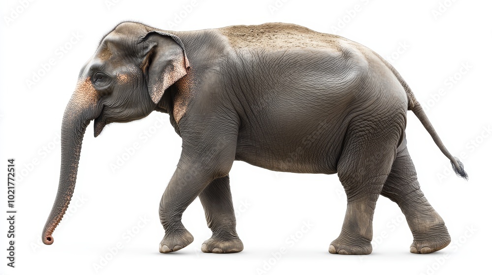 An Asian Elephant walking, side view, isolated on white background. An Asian Elephant walking, side view, isolated on white background.