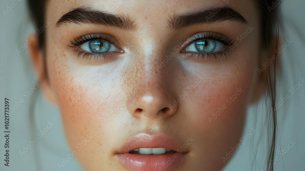 Fototapeta premium Close Up of a Woman's Face with Blue Eyes and Freckles - Realistic Illustration