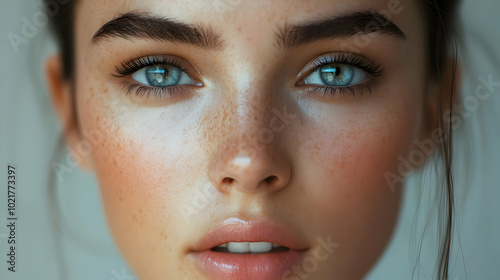 Close Up of a Woman's Face with Blue Eyes and Freckles - Realistic Illustration