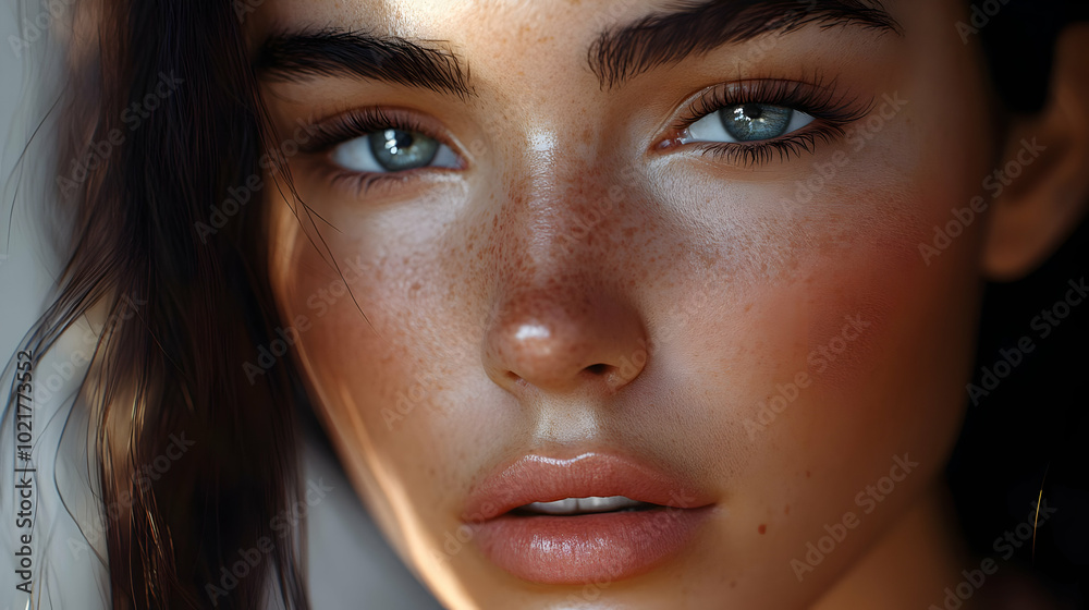 Close-up Portrait of Woman's Face with Freckles and Blue Eyes - Realistic Illustration