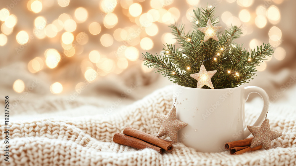 Fototapeta premium Christmas composition 2025. White Coffee cup with a Christmas tree inside on a Christmas background. Holiday concept